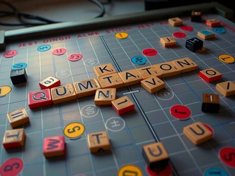 लैपटॉप पर कंप्यूटर के खिलाफ स्क्रैबल खेलते हुए व्यक्ति