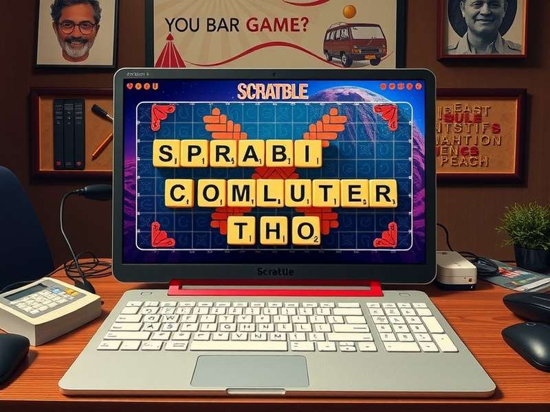 Scrabble बोर्ड गेम और कंप्यूटर स्क्रीन पर ऑनलाइन वीडियो गेमप्ले