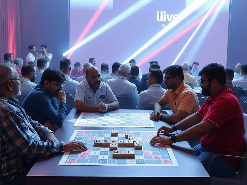 Scrabble World Championship Trophy surrounded by tiles on a wooden board