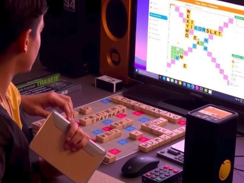 Scrabble बोर्ड और लैपटॉप, कंप्यूटर के खिलाफ खेलते हुए