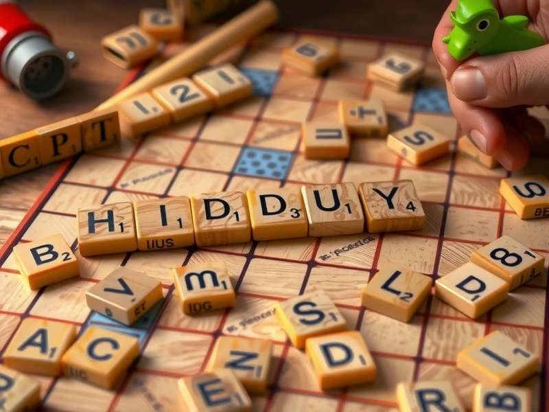 Scrabble टाइल्स हाथ में व्यवस्थित, रणनीतिक रैक प्रबंधन दिखाते हुए