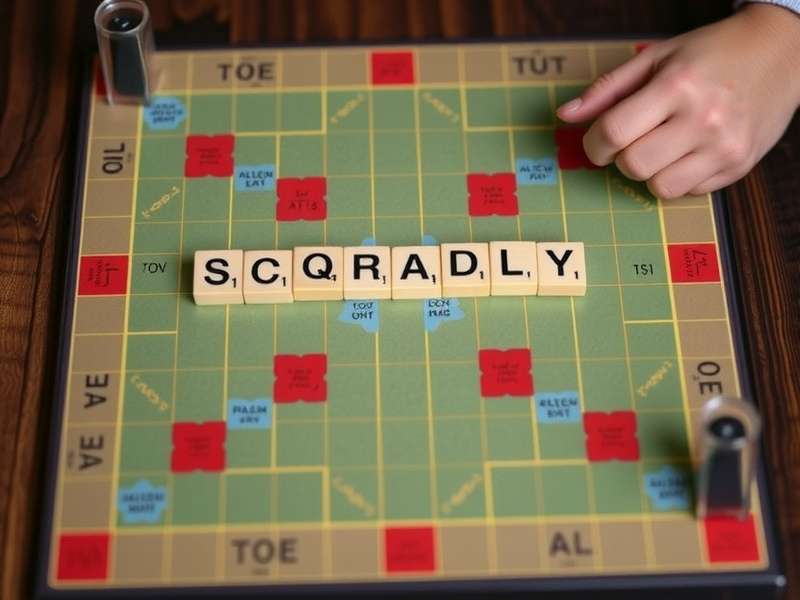 Scrabble board game with tiles arranged to spell words