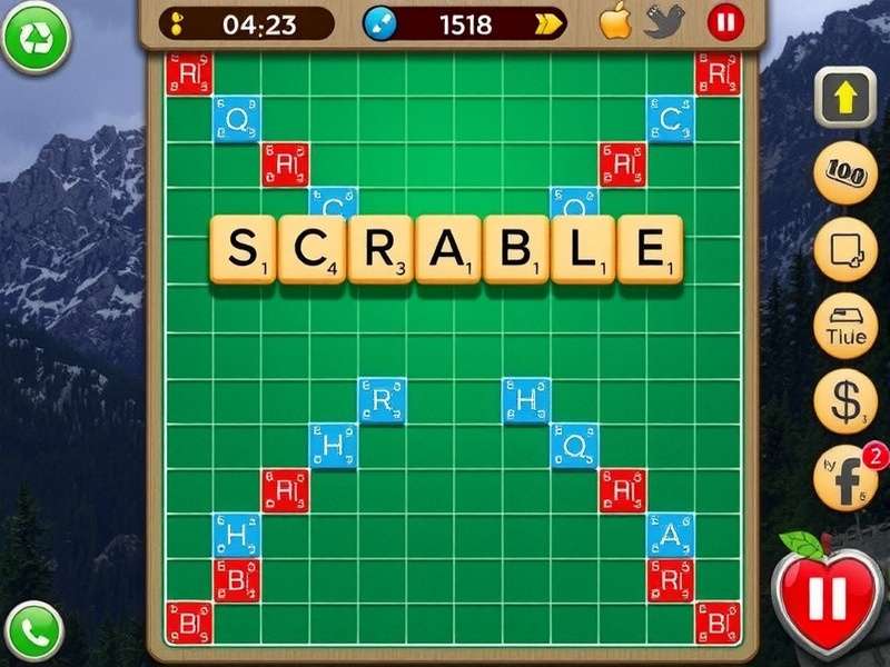 Close-up of a competitive Scrabble game in progress, showing high-scoring words on a wooden board