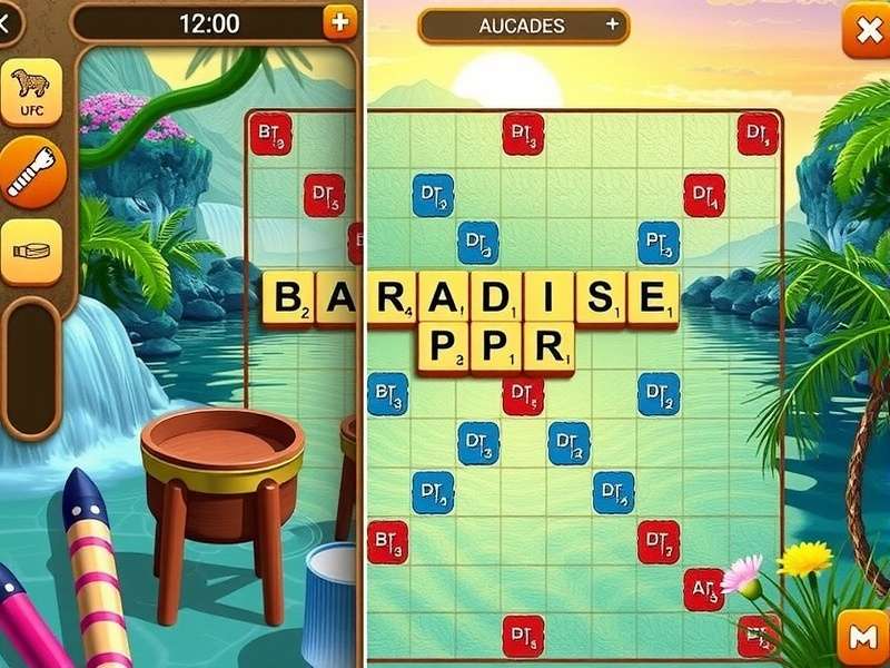 Scrabble board game with wooden tiles arranged to spell words