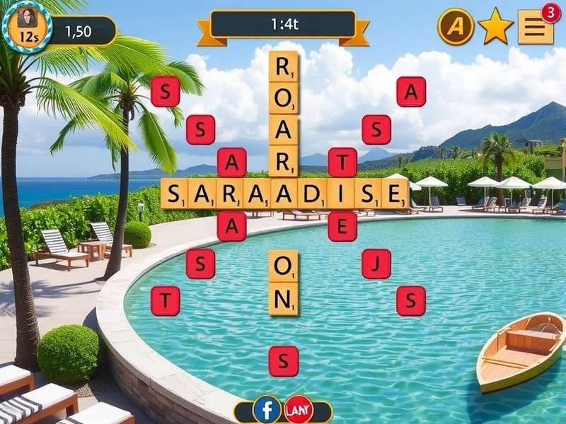 Gameplay screenshot of Scrabble Paradise Solitaire showing a tropical board with word tiles
