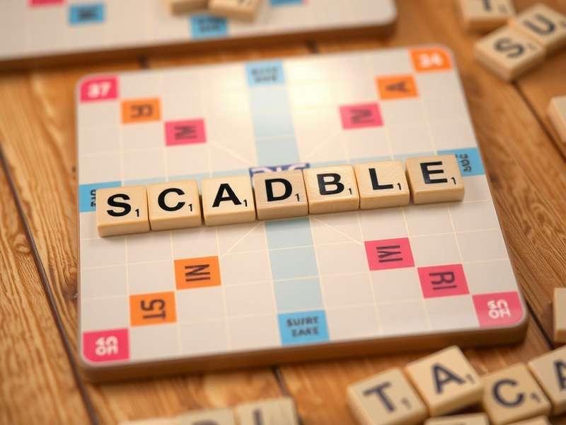 Scrabble board game setup with tiles