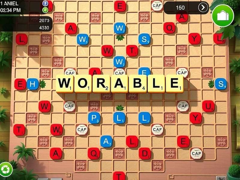 A competitive Scrabble game in progress with close-up of tiles on board