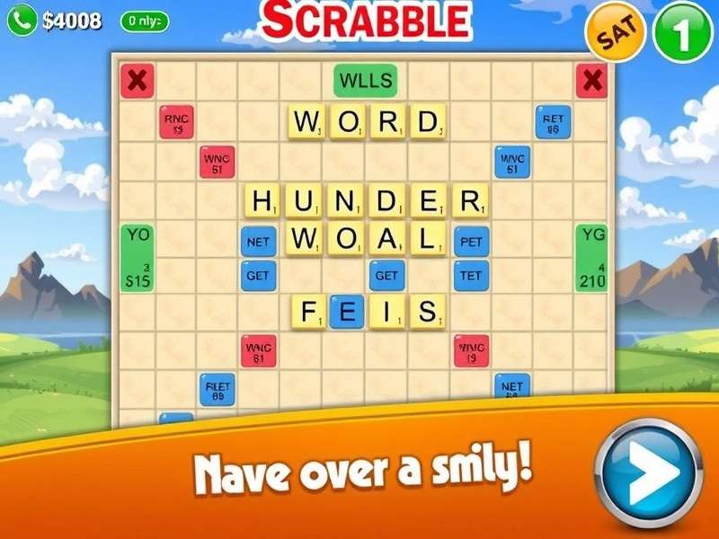 Scrabble board with tiles arranged strategically, close-up focus on word finder app on a phone beside it