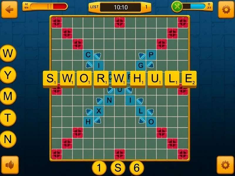 Scrabble board with tiles spelling words, strategic gameplay setup
