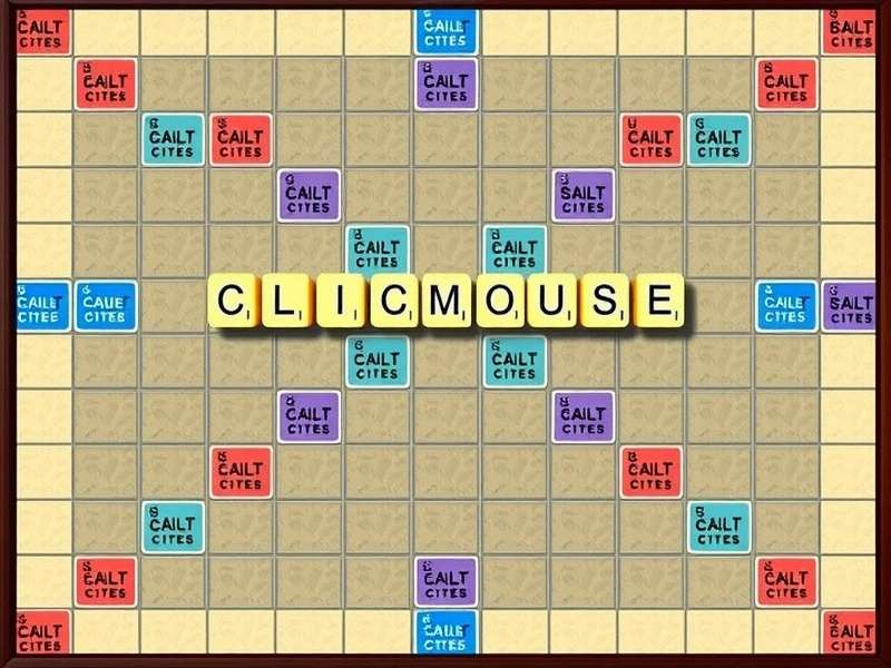 Scrabble Clicmouse game board with tiles arranged in a competitive layout